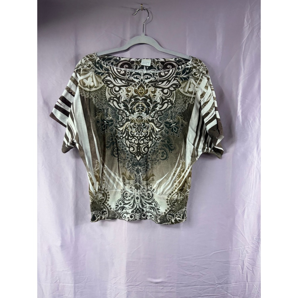 Suzy Shier Brown White Baroque Damask Dolman Sleeve Rhinestone Blouse Top